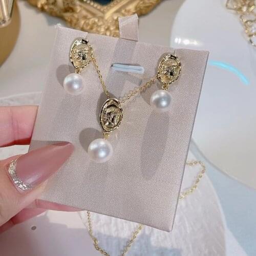 2021 New Queen Coin Earrings&Necklace For Women 8-9mm Perfectly Round Pearl Jewelry Set