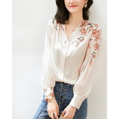 Spring Autumn Natural Real Silk Womens Satin Blouse Tops Elegant V-neck Long Sleeve Blouses Office Lady Floral Print Shirt