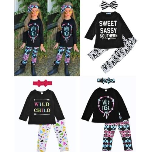 Baby Girls Three-pieces Set Kids Letter Long Sleeve Tops+Pants+Headband Sets Autumn Sleepwear Cotton Long Sleeve Pajamas Outfits