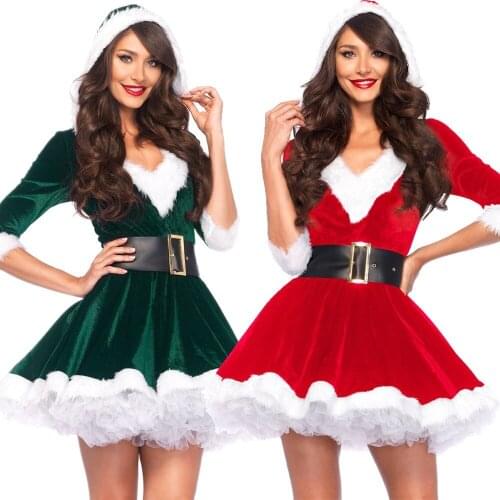 Fashion Adults Lady Women Slim Fit Hooded Sexy Velvet Christmas Suit Costumes Female Santa Claus Cosplay Xmas Party Fancy Dress