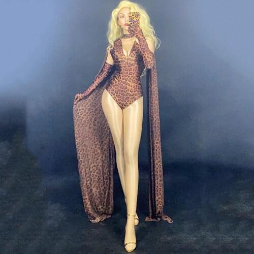 Leopard Print Shawl Bodysuit Shorts Jumpsuit Gloves Nightclub Bar Female Singer DJ DS Sexy Stage Costume Birthday Party DNV13731