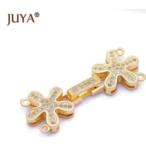 Jewelry Making Supplies Gold Rose Gold Copper Zircon Flower Clasps For DIY Strand Pearls Jewellery Accessories Findings