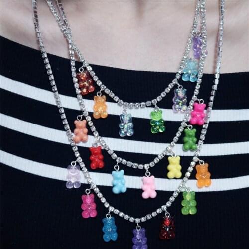 Colorful Gummy Bear Necklace Unisex Hip-Hop Christmas Gift Cute Clavicle Crystal Rhinestone Chain Jewelry Children Party