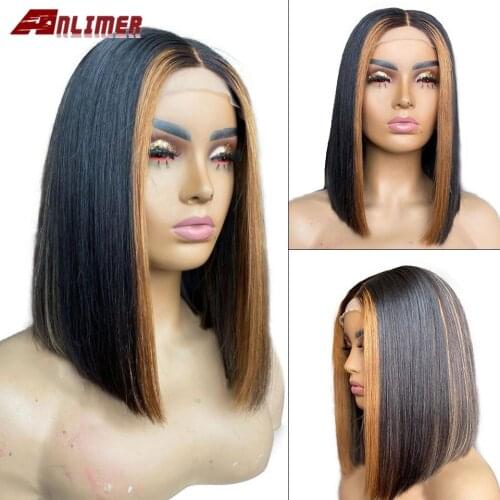 13X6 150% Honey Blonde Highlight Color Straight Bob Wig Cut Blunt T Part Lace Front Human Hair Wigs Brazilian Remy Hair