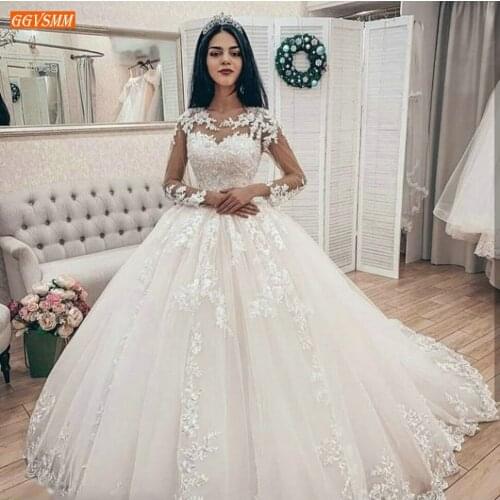 Sumptuous Arabic White Wedding Gowns Long Sleeve Appliqued Tulle Ball Gown Bridal Dresses African 2020 Custom Made Wedding Dress
