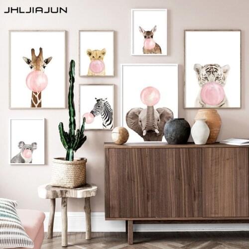 Pink Bubble Elephant Giraffe Child Poster Animal Wall Art Canvas Nursery Print Painting Nordic Kid Baby Room Decoration Picture