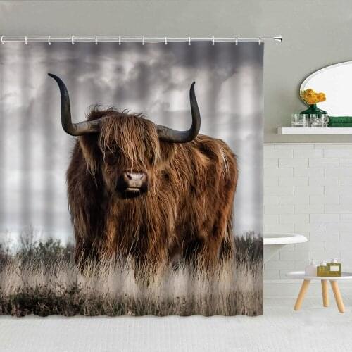 Wild Animal Highland Cattle Shower Curtain Farm Cow Flower Lawn Fabric Bathroom Home Decor Supplies Hanging Curtains Washable