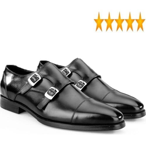 Strap Mens Double Formal Monk Shoes Genuine Leather Designer Square Toe Slip On Flats Business Oxford Sapato Masculino Social