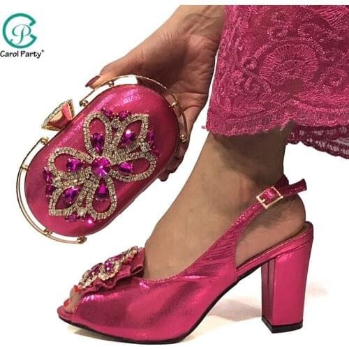 2020 Fuchsia Color New Arrivals Italian design Ladies Mathing Shoes and Bag Set For Party Decorate with Rhiinestone for Party