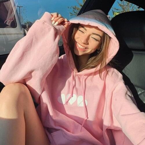American retro solid color love sweet gentle cute kawaii hooded sweater girl loose park street pink slim hoodie top women