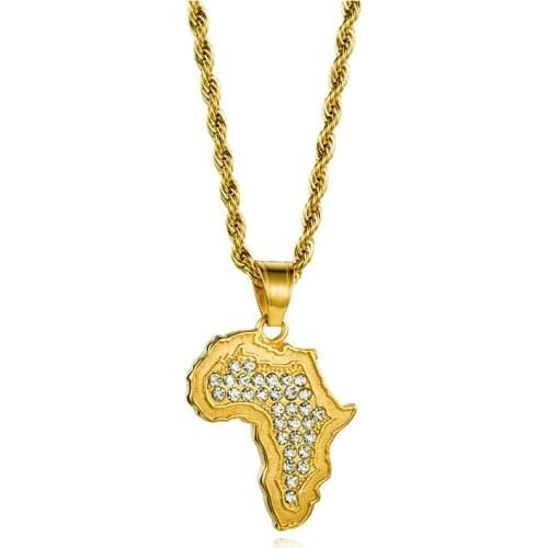Stainless Steel Crystal Africa Map Pendant Necklace Charm Golden 3MM Rope Chain Religious Jewelry Metal Necklace Men Gifts