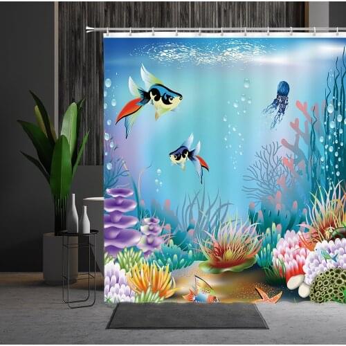 Childrens Shower Curtain Ocean Fish Jellyfish Underwater World Mountain Flower Pattern Bathroom Accessories Bathtub Decoration