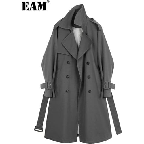 [EAM] Women Gray Brief Bandage Big Size Trench New Lapel Long Sleeve Loose Fit Windbreaker Fashion Spring Autumn 2021 1DA757