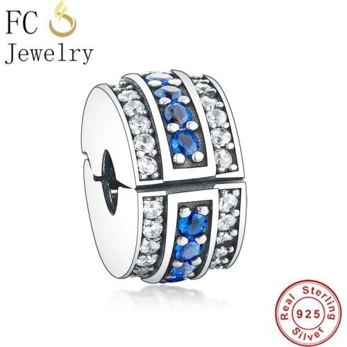 FC Jewelry Fit Original Brand Charms Bracelet 925 Silver Blue Circle Cubic Zirconia Lock Stopper Clip Beads Craft Berloque