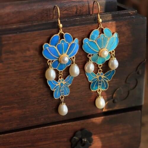 Chinese style antique enamel porcelain Palace Museum Butterfly Pearl Tassel Earrings original charm womens brand silver jewelry