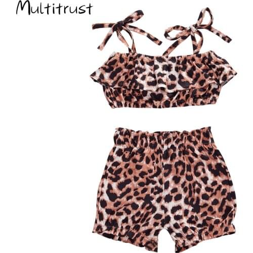 Multitrust 2020 Summer 1-6Y Leopard 2pcs Toddler Baby Girl Clothes Sleeveless Ruffle Crop Tops+Shorts Kids Outfits Set