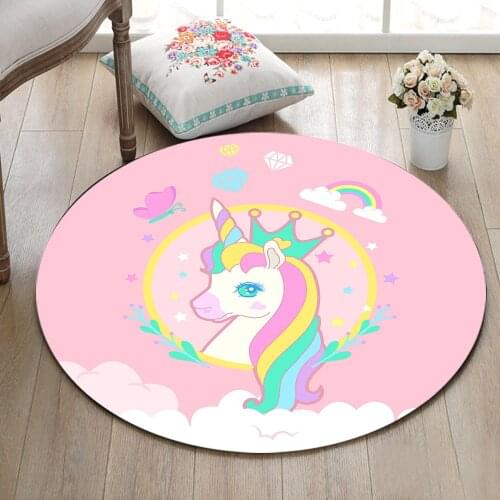Cute Unicorn With Crown Stars Round Childrens Room Area Rugs Living Room Floor Cushion Bathroom Non-Slip Carpets Home Door Mat