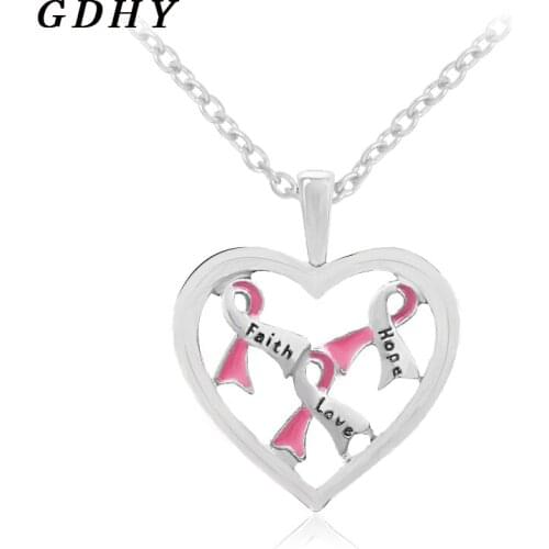 Fashion"Faith Love Hope"Hollow Heart Shaped Pink Ribbon Necklace For Friend Family Jewelry Pendant Necklace Exquisite Gift Party