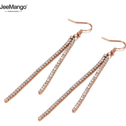 JeeMango Trendy Titanium Stainless Steel Party Tassel Earrings For Women Girl Bohemia CZ Crystal Dangle Earrings Jewelry JE20084