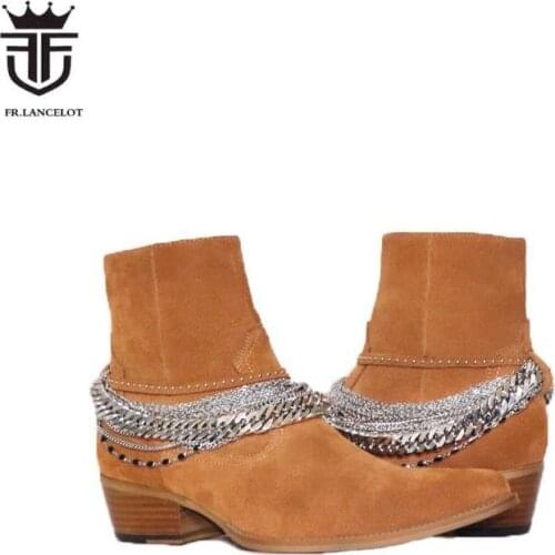 2020 New arrival men chelsea boots sliver chains boots ankle booties male party shoes wedding shoes suede leather wester boots