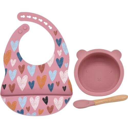 New Colors Feeding Set Food Grade Silicone Bibs Baby Non-silp Suction Bowl Kid Tableware Waterproof Bib BPA Free Wooden Spoon