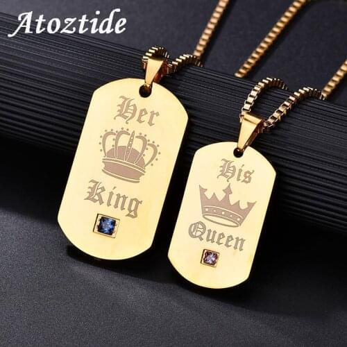 Atoztide Romantic Her King His Queen Army Dog Tag Pendant Necklaces For Couples Customize Back Crown Gold Box Chain Necklace