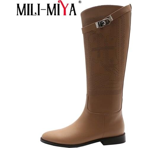 MILI-MIYA Autumn Western Knee Length Boots Women Slip On Med Heel Retro Top Leather Classic Round Toe Buckle Decora Party Shoes