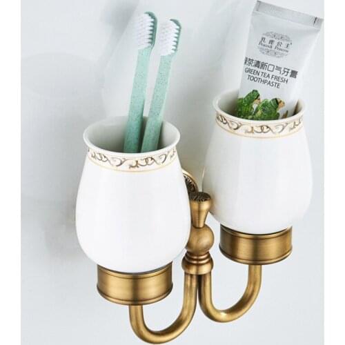 Bathroom Antique Brass Toothbrush Cup Holder Gargle Cup European Style Double Cup Holder Ceramic Mouth Cup Holder