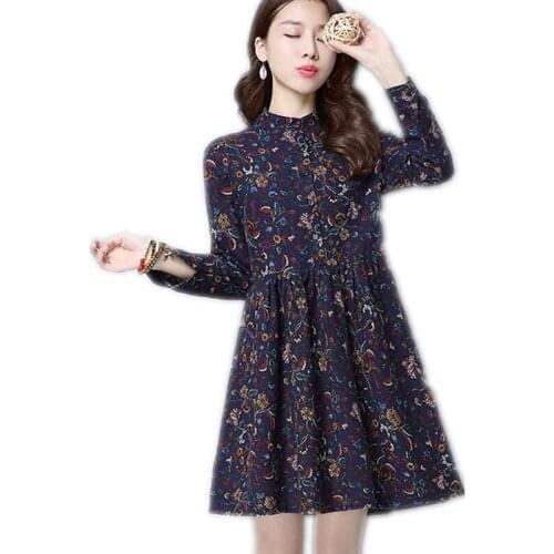 Spring Women Mini Dress 2019 New Vintage Fashion Print Floral Women Dress Girls Empire Stand-Collar Linen Dress Mujer Q1292
