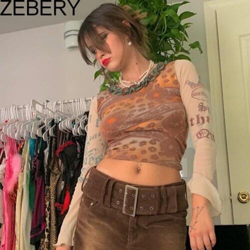 ZEBERY Indie Aesthetics Retro Pattren Mesh T-shirts 90s Fashion Slim O-neck Flare Sleeve Cropped Y2K Tops E-girl Vintage Tees