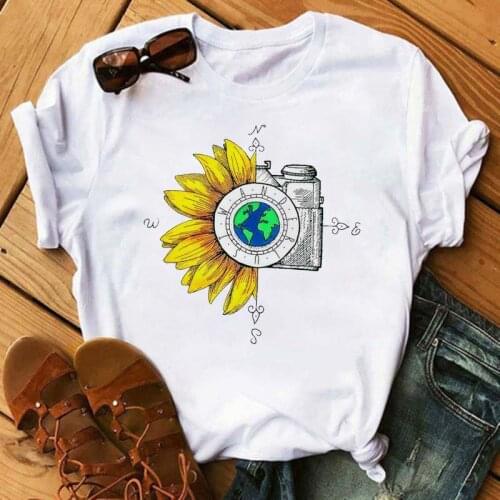 Fashion Sunflower Camera Printed Women T-shirt Harajuku 90s Girls Summer Casual Short Sleeves Top Tee Female Clothes,Drop Ship