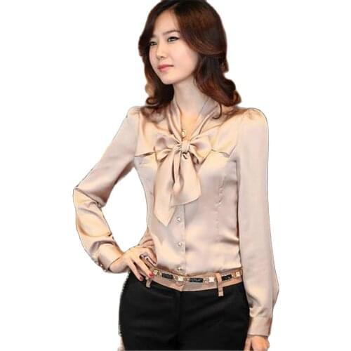 Women Plus Size Summer Solid Bow Full Puff-sleeve Slim Shirt Female Spring Oversized High Imitation Silk Single Breasted Blouse