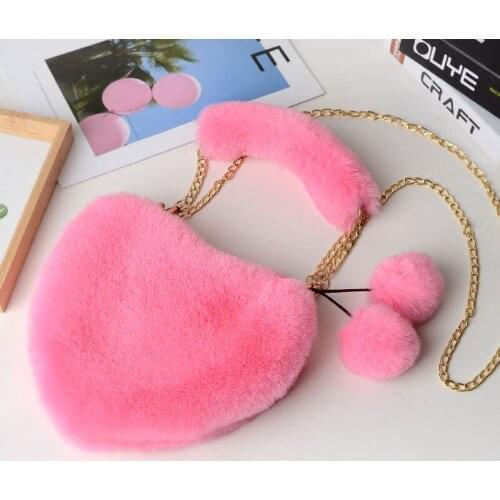 Faux Fur Women Cute Messenger Bags Clutch Purse Fashion Winter Soft Plush Ladies Handbags Female Heart-shaped Chain Shoulder Bag