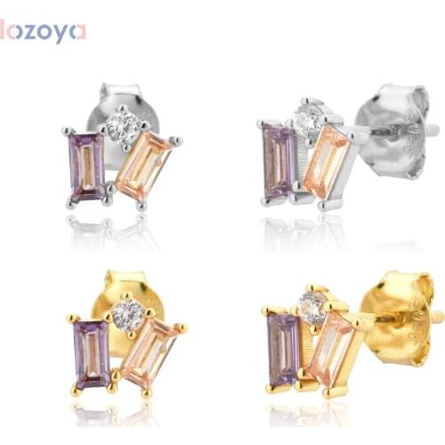 Lozoya 925 Sterling Square Colorful 2021 Luxury Rainbow Stud Earring Fashion Crystal Jewelry For Women Fine Jewels