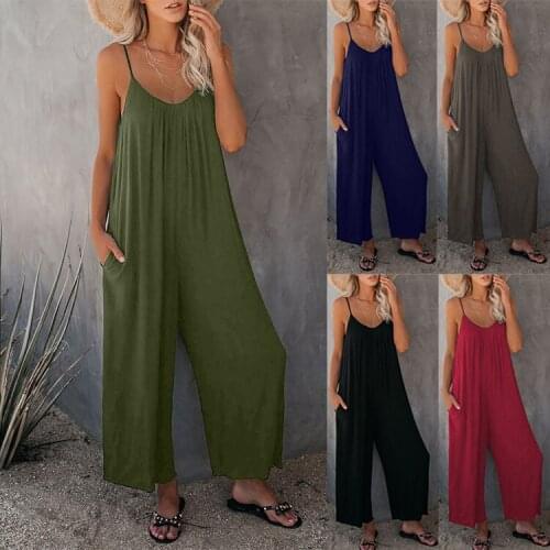 FNOCE Cross-border Foreign Trade Sling Jumpsuit Women Summer New Style Solid Color Fashion Casual Pocket Casual Jumpsuit