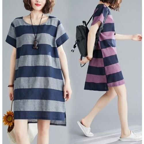 Summer Retro Elegant Wide Stripe Vestidos Maxi Dress 2021 Women High Waist Casual Slim Loose Dresses Short-sleeved