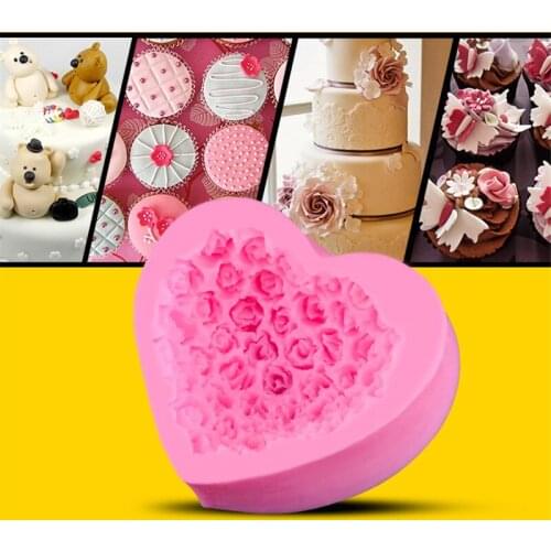 1PC Heart Shape Rose Flower Cake Mold Silicone Valentines Creative 3D Rose Flower Fondant Chocolate Decoration Mold JK 0872