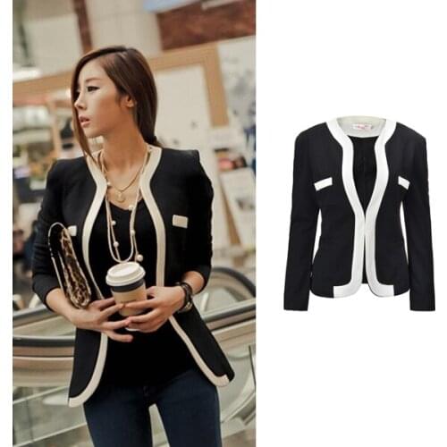 M-L Women Outwear Business Fashion Black Jacket Elegant OL Long Sleeve Slim Coat Spliced Slim Suit