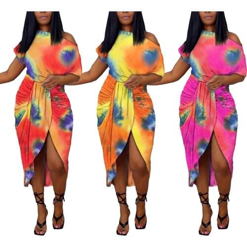 Tie Dying Tunic Fashion Dresses Women Short Sleeve Female Casual Cross Slit Party Club Dress Summer Tie Dye Irregular Mid Dress