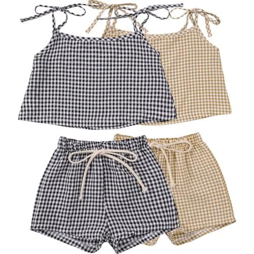 2PCS Baby Girls Summer Outfits Sleeveless Bow Tie Strap Plaid Print Camisole + Shorts Set