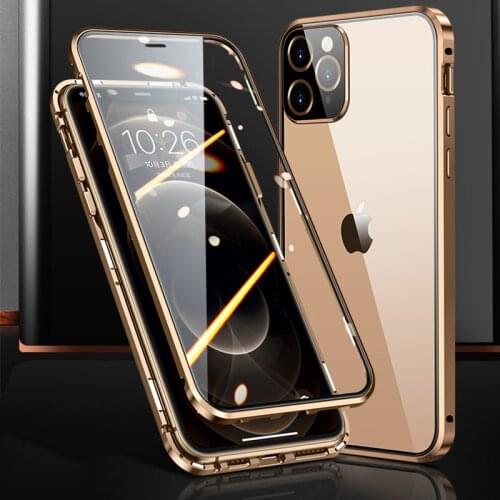 360 Full Cover Magnetic Case For iPhone 12 Pro MAX Mini 11 Pro Luxury Case Metal Bumper Glass Camera Lens Protector Film Coque