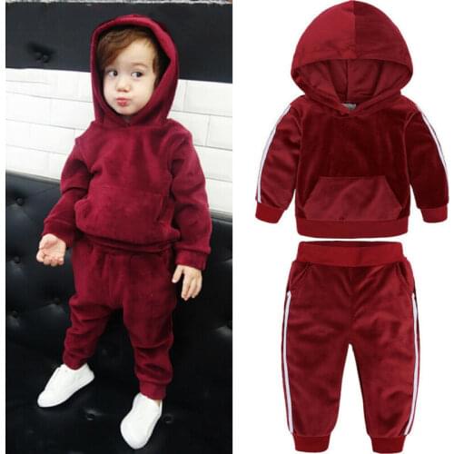 Toddler Kids Baby Girl Autumn Winter Clothes Set 1-5Y Solid Velvet Long Sleeve Hoodie Tops long Pants Warm Outfits 2PCS sets