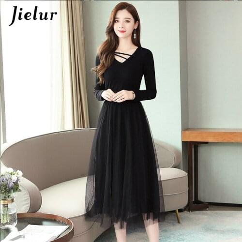 Jielur New Autumn Winter Dress V-Neck Slim Black Mesh Vestidos De Festa Elegant Solid Color Women Dress M-XXXL High Waist 2021