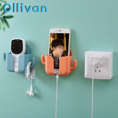 Phone Stand Mobile Phone Charging Hanging Holder Multifunctional Wall Mounted Plug Bracket Remote Control Mounted Storage Box