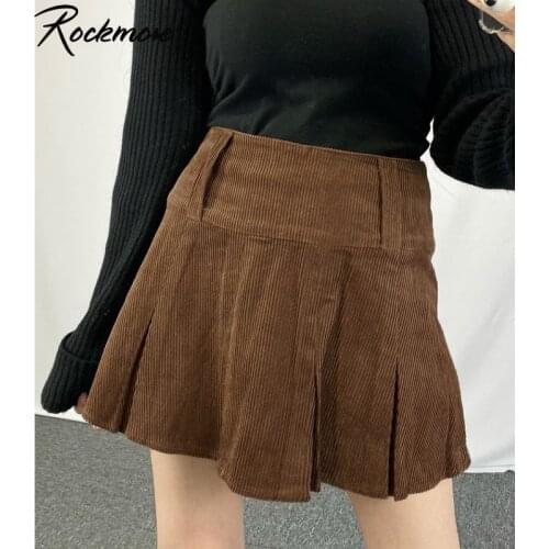 Rockmore Brown Vintage Corduroy High Waist Sexy WomenS Skirt Y2K 90s Harajuku Streetwear Solid Pleated Mini Tennis Skirt Summer