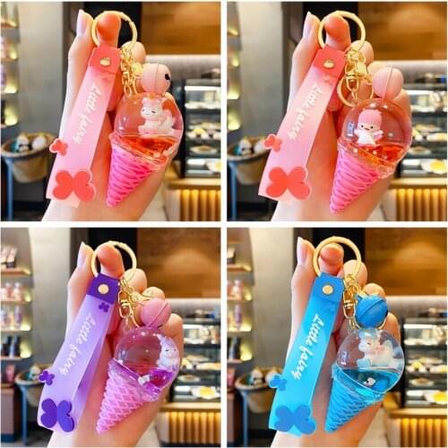 Luxury Creative Ice Cream Crystal Keychain Unicorn Sweetheart Cute Drift Bottle Car Key Chain Ladie Bag Pendant
