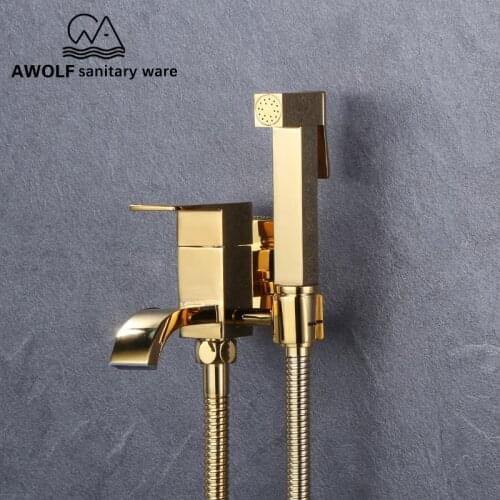 Titianium Gold Toilet Hand Held Bidet Sprayer Solid Brass Douche Kit Shattaf Square Shower Head Self Cleaning AP2214