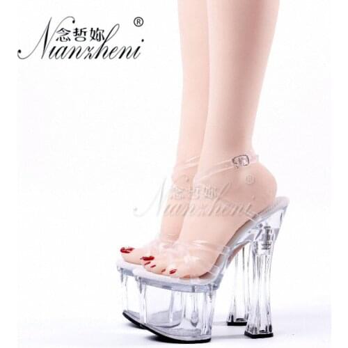 Crystal Clear Roman Hollow Narrow band Open Toe Big Size Womens Sandals 18cm Super High heeled shoes 7 inches Models Party Show