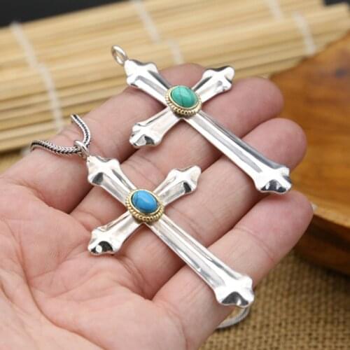 S925 Sterling Silver Jewelry Simple Glossy Cross Inlaid Turquoise Popular Men and Women Classic Pendant