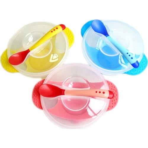 UNIKIDS Cartoon Toddler Baby Kids Child Feeding Lid Training Bowl with Spoon Binaural Baby Feeding Tableware Children Plate Suck